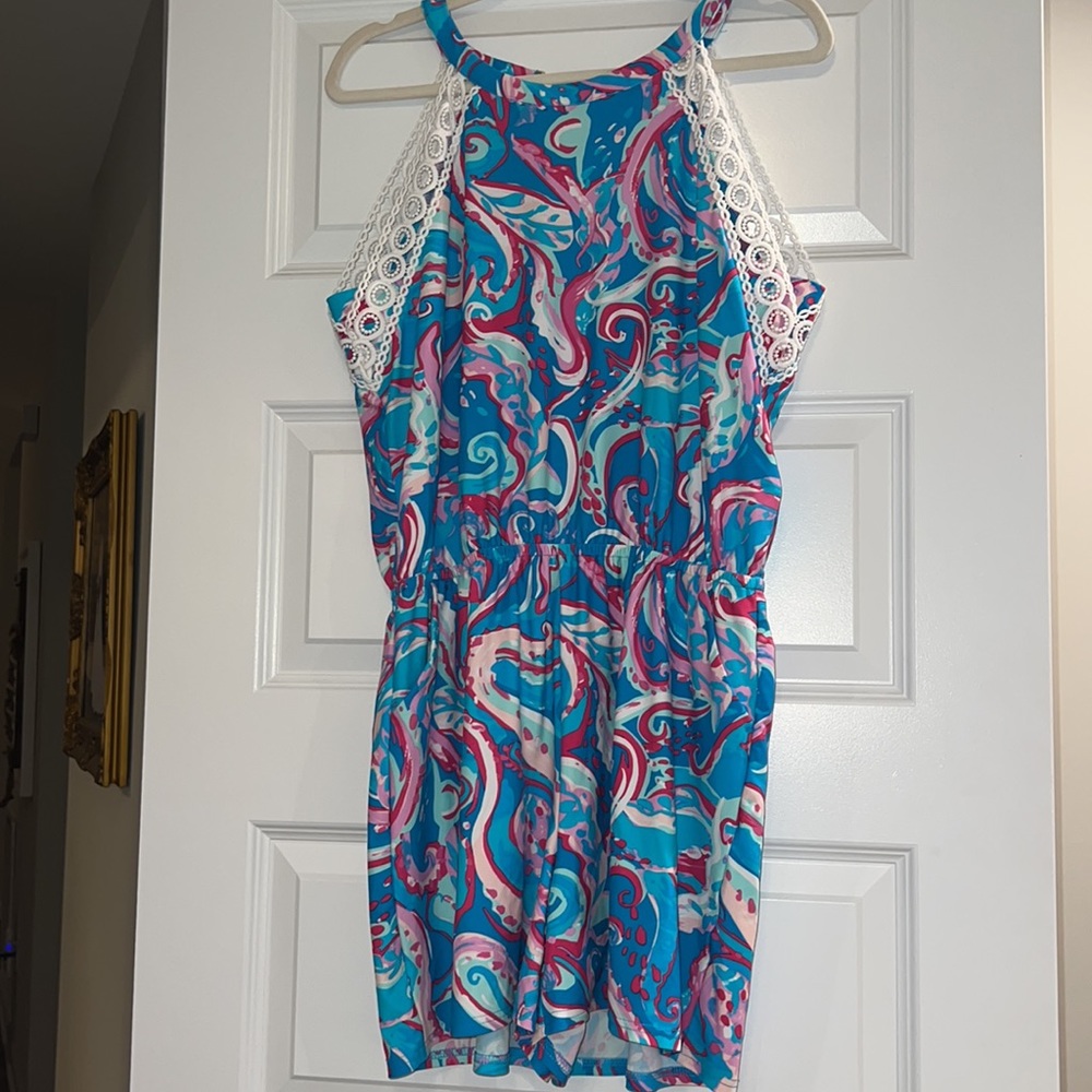 Aryeh Romper Size Large - Pink, Blue, & White Swirl Pattern